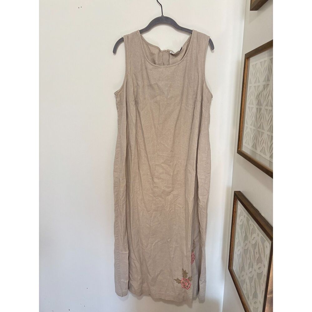 DressBarn Linen Blend Midi Dress 20W Beige Embroidered Floral Coastal Romantic